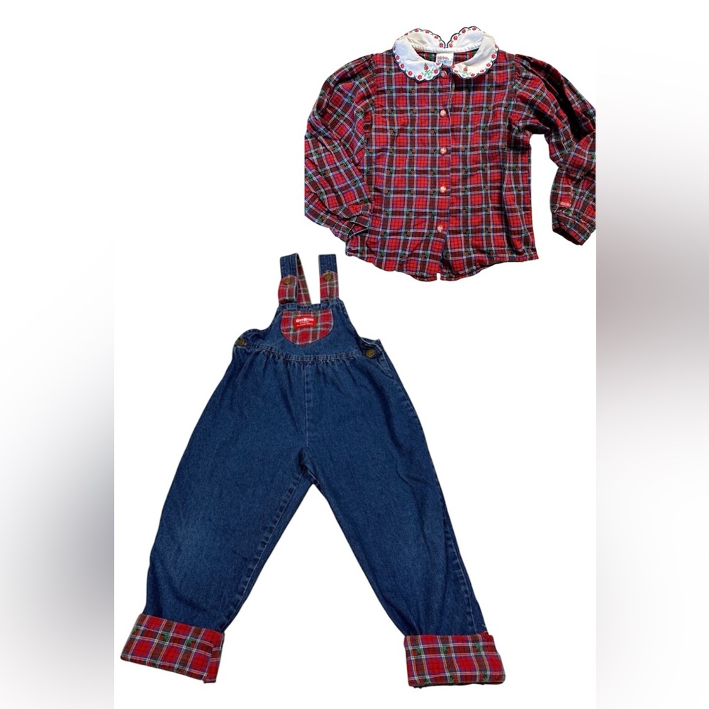 Vintage OshKosh Overalls with Red Plaid Details and matching Button Up Shirt set